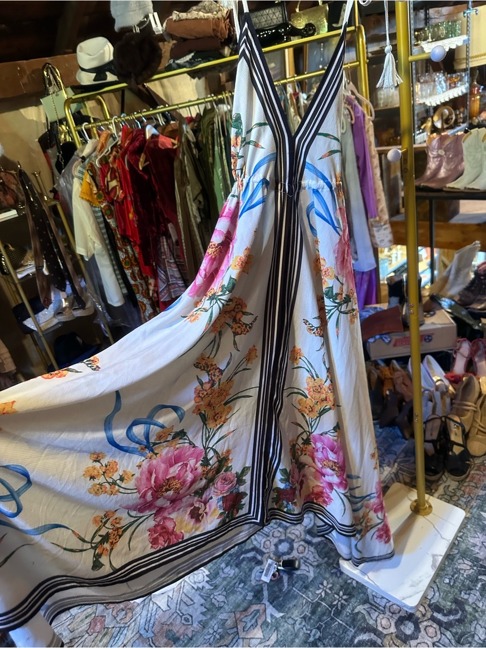 White Floral V-Neck Maxi Dress with Pink Blooms
